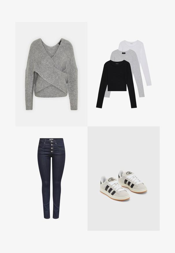 Siva omotana vestica s dubokim V-izrezom, dugim rukavima i rebrastom teksturom. Izrađena od mekog pletenog materijala s slojevitim, asimetričnim dizajnom.; Tri dugih rukava posložena: crna, siva i bijela. Svaka ima okrugli izrez i skrateni kroj s glatkom, laganom tkaninom.; Tamno plave uske traperice napravljene od denima. Sadrže zatvaranje na pet dugmadi, prednje džepove i oblikovan dizajn s laganim rastezanjem.; Sive suede tenisice s bijelim vezicama, crnim prugama i bijelim gumiranim potplatom. Imaju kružni logo na jeziku i gumeni potplat.