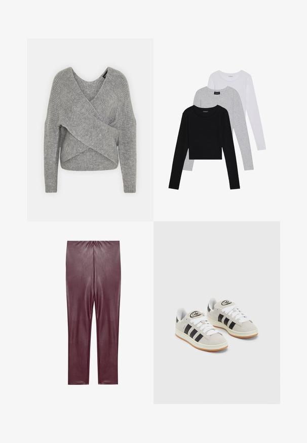 Szürke, mély V kivágású, hosszú ujjú kötött pulóver, bordás textúrával. Puha kötött anyagból készült, réteges, aszimmetrikus dizájnnal.; Három hosszú ujjú póló egymásra rakva: fekete, szürke és fehér. Mindegyiknek kerek nyaka van, és rövidített fazonnal rendelkezik, sima, könnyű anyagból készült.; Burgundi műbőr leggings sima textúrával, magas derékkal és testhez simuló kialakítással, amely a bokáig ér, további díszítések nélkül.; Szürke velúr sportcipők fehér fűzővel, fekete csíkokkal és fehér gumitalppal. A nyelvén kör alakú logó található, illetve a talpa színes gumi.