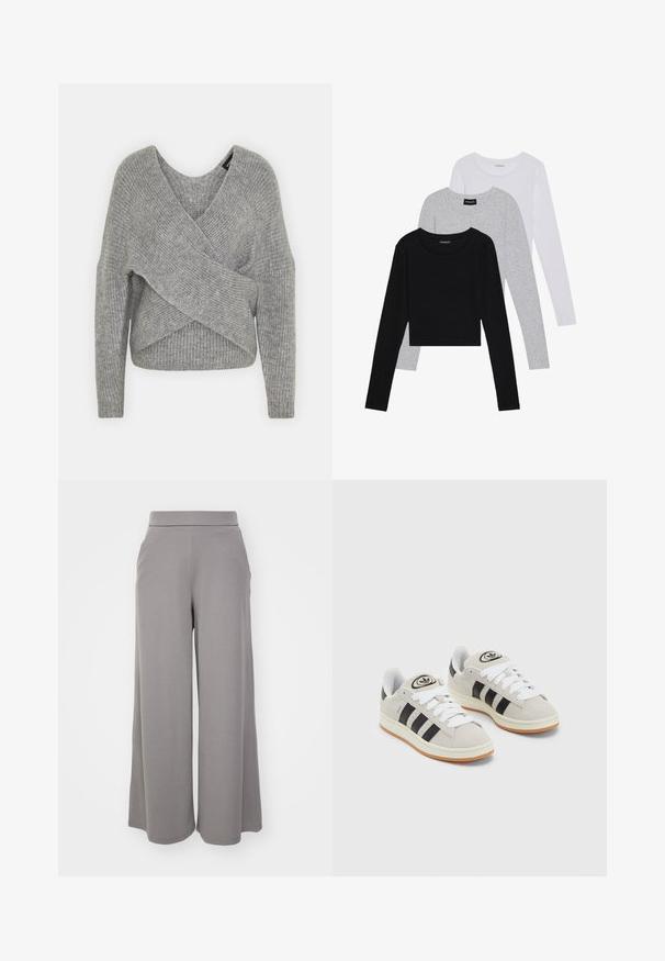 Pelēka apvalka džemperis ar dziļu V veida kakla izgriezumu, garām piedurknēm un ribu tekstūru. Izgatavots no mīksta adījuma materiāla ar slāņotu, asimetrisku dizainu.; Trīs garām piedurknēm veidotas augšdaļas, sakrautās: melna, pelēka un balta. Katram ir noapaļots kakla izgriezums un īsa dizaina forma ar gludu, vieglu audumu.; Platām kājām bikses no mīksta pelēka auduma ar elastīgu jostu, pie kuriem ir sānu kabatas un gluda tekstūra. Piemērotas ikdienas valkāšanai.; Pelēkas zamšādas kedas ar baltām saites, melnām svītrām un baltu gumijas zoli. Raksturīga apļa logo uz mēles un gumijas zole.