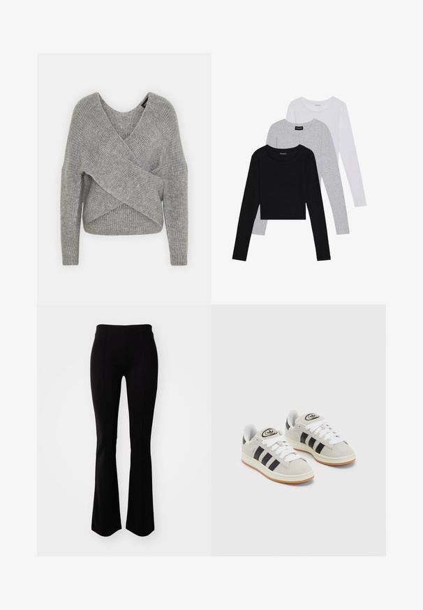 Siva ovitek pulover z globokim V-izrezom, dolgimi rokavi in ribasto teksturo. Narejen iz mehke pletene tkanine z plastnim, asimetričnim dizajnom.; Tri dolga rokava zložena: črna, siva in bela. Vsaka ima okroglo izreznico in skrajšan dizajn z gladkim, lahkotnim materialom.; Črne široke hlače iz raztegljive tkanine, z visokim pasom, gladko teksturo in šivi po sprednjem delu.; Sive športne čevlje iz semiša z belimi vezalkami, črnimi črtami in belim gumijastim podplatom. Imajo okroglo oznako na ježku in podplat iz gume.