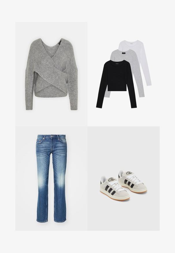 Maglione avvolgente grigio con scollatura a V profonda, maniche lunghe e texture a coste. Realizzato in un morbido materiale in maglia con un design asimmetrico a strati.; Tre magliette a maniche lunghe impilate: nera, grigia e bianca. Ognuna ha un colletto rotondo e un design accorciato con tessuto morbido e leggero.; Weekday ARROW LOW - Jeans a sigaretta - mine blue; Sneakers in suede grigio con lacci bianchi, strisce nere e suola in gomma bianca. Presentano un logo circolare sulla linguetta e una suola in gomma.
