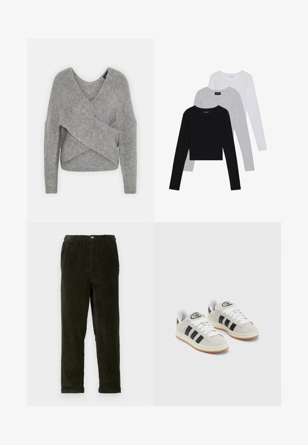 Šedý svetr s volnějším V-výstřihem, dlouhými rukávy a žebrovanou strukturou. Vyrobeno z měkké pleteniny s vrstveným, asymetrickým designem.; Tři trička s dlouhým rukávem naskládaná na sobě: černé, šedé a bílé. Každé má kulatý výstřih a kratší střih z hladkého, lehkého materiálu.; Tmavě zelené manšestrové kalhoty se strukturovaným povrchem, s elastickým pasem, předními kapsami a zúženými nohavicemi.; Šedé semišové tenisky s bílými tkaničkami, černými pruhy a bílou gumovou podrážkou. Mají kulaté logo na jazyku a gumovou podrážku.