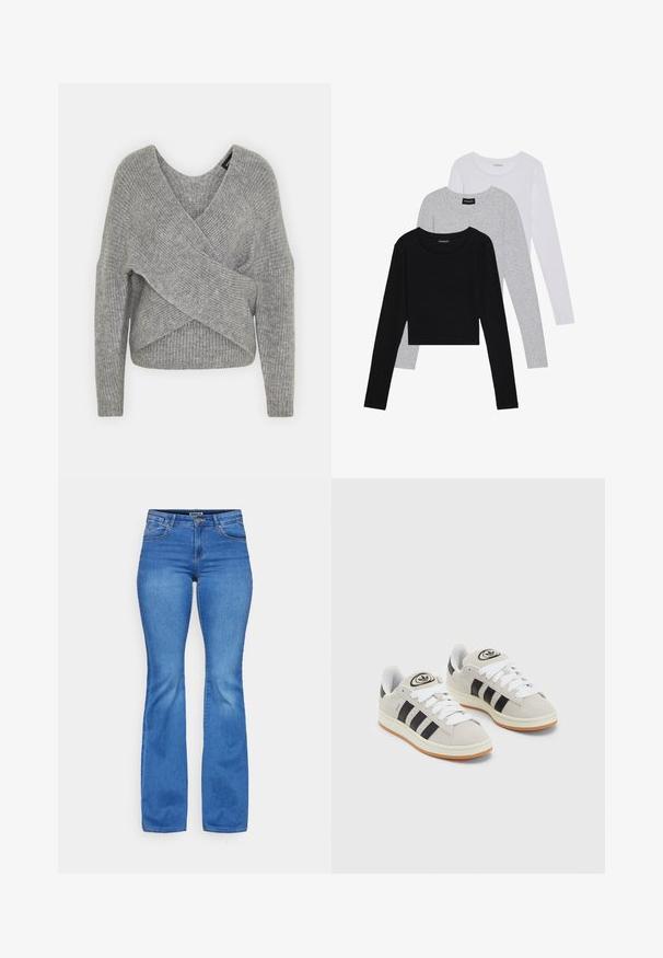Pelēka apvalka džemperis ar dziļu V veida kakla izgriezumu, garām piedurknēm un ribu tekstūru. Izgatavots no mīksta adījuma materiāla ar slāņotu, asimetrisku dizainu.; Trīs garām piedurknēm veidotas augšdaļas, sakrautās: melna, pelēka un balta. Katram ir noapaļots kakla izgriezums un īsa dizaina forma ar gludu, vieglu audumu.; ONLY ONLREESE RETRO - Džinsi ar paplatinātiem galiem - light medium blue denim; Pelēkas zamšādas kedas ar baltām saites, melnām svītrām un baltu gumijas zoli. Raksturīga apļa logo uz mēles un gumijas zole.