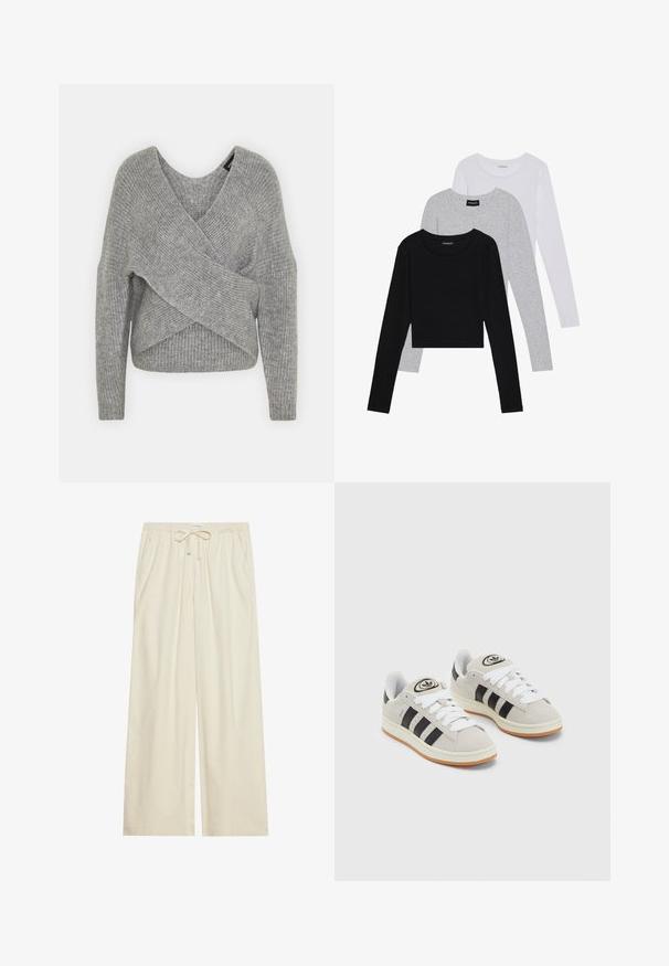 Hallide hallhargus, sügava V-kaelusega, pikkade varrukatega ja ribatrepiga. Valmistatud pehmest kudumismetallist, millel on kihiline, asümmeetriline disain.; Kolm pikkade varrukatega toppi, mis on üksteise peale asetatud: must, hall ja valge. Igal ühel on ümar kaelus ja lühike disain, valmistatud siledast, kergekaalulisest kangast.; Heledad kreemivärvi lai jalgevahega püksid elastse vöökoha ja nööriga, küljetaskutega ning tekstureeritud kangaga.; Hallid hallid nahkrennid valgete paeltega, mustade triipudega ja valge kummitaldiga. Omab ümmargust logo keeles ja kummitalda.