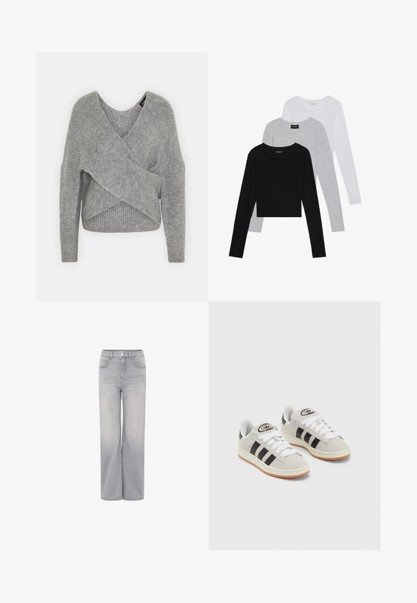 Maglione avvolgente grigio con scollatura a V profonda, maniche lunghe e texture a coste. Realizzato in un morbido materiale in maglia con un design asimmetrico a strati.; Tre magliette a maniche lunghe impilate: nera, grigia e bianca. Ognuna ha un colletto rotondo e un design accorciato con tessuto morbido e leggero.; Jeans a gamba larga grigio chiaro in denim, con vita alta, due tasche frontali e chiusura con bottone. Texture liscia con una finitura sbiadita.; Sneakers in suede grigio con lacci bianchi, strisce nere e suola in gomma bianca. Presentano un logo circolare sulla linguetta e una suola in gomma.
