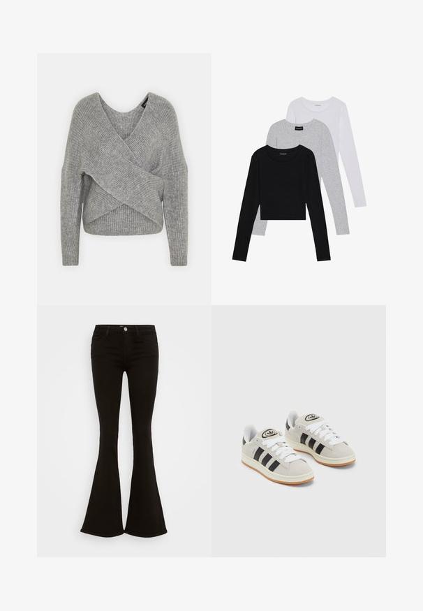 Suéter gris envolvente con un profundo escote en V, mangas largas y textura acanalada. Fabricado con un material de punto suave y un diseño asimétrico en capas.; Tres camisetas de manga larga apiladas: negra, gris y blanca. Cada una tiene un escote redondo y un diseño recortado con una tela suave y ligera.; Jeans de campana negros de talle alto con botón frontal, presillas para cinturón y cinco bolsillos, exhibidos sobre un fondo blanco.; Zapatillas de ante gris con cordones blancos, rayas negras y suela de goma blanca. Presentan un logo circular en la lengüeta y una suela de goma.