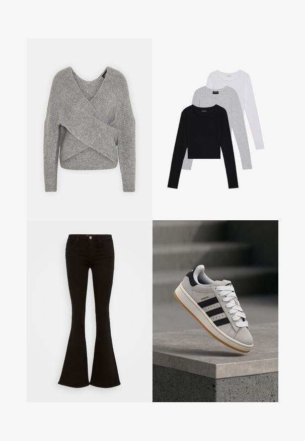 Grå omslagssweater med dyp V-hals, lange ermer og ribbestruktur. Laget av et mykt strikket materiale med et lagdelt, asymmetrisk design.; Tre lange ermer t-skjorter stablet: svart, grå og hvit. Hver har en rund hals og et kort design med glatt, lett stoff.; Sorte høye flare jeans med frontknapp, beltehemper og fem lommer, vist på en hvit bakgrunn.; Grå Adidas Campus-sneakers med svarte striper og hvite lisser som svever over en betongkant med trapper i bakgrunnen.