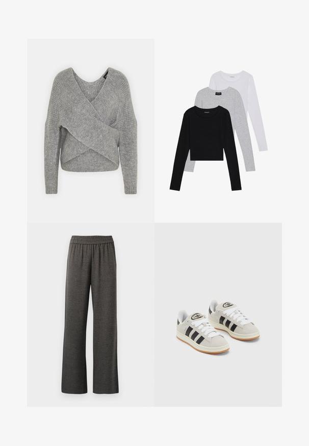 Szürke, mély V kivágású, hosszú ujjú kötött pulóver, bordás textúrával. Puha kötött anyagból készült, réteges, aszimmetrikus dizájnnal.; Három hosszú ujjú póló egymásra rakva: fekete, szürke és fehér. Mindegyiknek kerek nyaka van, és rövidített fazonnal rendelkezik, sima, könnyű anyagból készült.; Szürke, bő szárú nadrág, texturált anyagból készült, rugalmas derékkal és zsebek nélkül, a kényelem és a szabad mozgás érdekében tervezve.; Szürke velúr sportcipők fehér fűzővel, fekete csíkokkal és fehér gumitalppal. A nyelvén kör alakú logó található, illetve a talpa színes gumi.