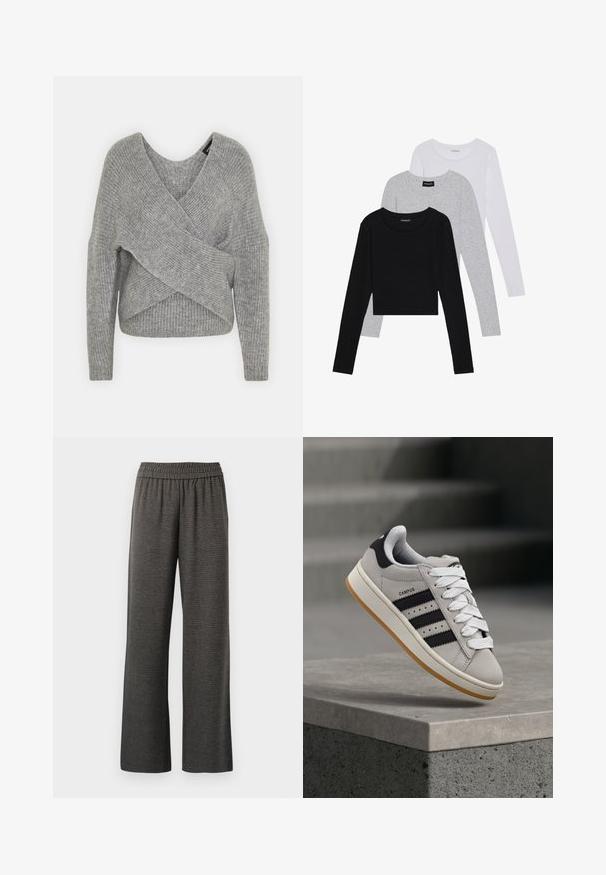 Maglione avvolgente grigio con scollatura a V profonda, maniche lunghe e texture a coste. Realizzato in un morbido materiale in maglia con un design asimmetrico a strati.; Tre magliette a maniche lunghe impilate: nera, grigia e bianca. Ognuna ha un colletto rotondo e un design accorciato con tessuto morbido e leggero.; Pantaloni grigi a gamba larga in un tessuto texturizzato, con vita elastica e senza tasche, progettati per comfort e facilità di movimento.; Sneaker Adidas Campus grigia con strisce nere e lacci bianchi che fluttua sopra un bordo in cemento con scale sullo sfondo.