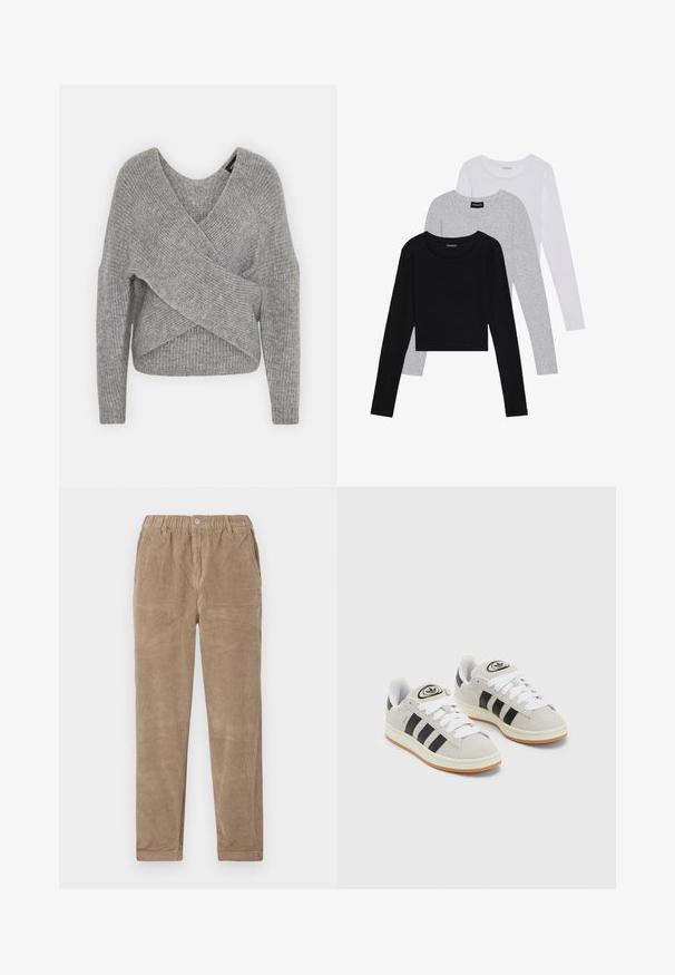 Grå omslagströja med djup V-ringning, långa ärmar och ribbad struktur. Tillverkad av ett mjukt stickat material med en lager-på-lager, asymmetrisk design.; Tre långärmade tröjor staplade: svart, grå och vit. Var och en har en rund halsringning och en kort design med mjukt, lätt material.; Bruna kordflädersbyxor med elastiskt midjeband, som har platta framfickor och rak benform. Mjuk textur och ribbat mönster.; Grå mocka sneakers med vita snören, svarta ränder och en vit gummisula. Har en rund logo på tungan och en gummisula.