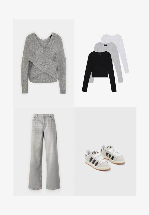 Pilkas aptraukiamas megztinis su giliu V formos iškirpimu, ilgomis rankovėmis ir riešutiniu tekstūru. Pagamintas iš minkštos megztos medžiagos su sluoksniuota, asimetrine konstrukcija.; Trijų ilgomis rankovėmis marškinėlių krūva: juodas, pilkas ir baltas. Kiekvienas turi apvalų iškirpimą ir trumpą dizainą, pagamintas iš lygaus, lengvo audinio.; Pilkos plačių kojų džinsai su aukštu liemeniu, pagaminti iš džinsinio audinio. Turi dvi priekines kišenes ir vientisą, nepuoštą dizainą.; Grynos zomšos sneakeriai su baltais raišteliais, juodomis juostelėmis ir balta gumine sole. Turintys apskritą logotipą ant liežuvėlio ir guminę sole.