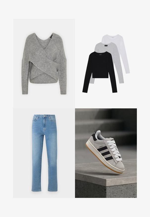 Pilkas aptraukiamas megztinis su giliu V formos iškirpimu, ilgomis rankovėmis ir riešutiniu tekstūru. Pagamintas iš minkštos megztos medžiagos su sluoksniuota, asimetrine konstrukcija.; Trijų ilgomis rankovėmis marškinėlių krūva: juodas, pilkas ir baltas. Kiekvienas turi apvalų iškirpimą ir trumpą dizainą, pagamintas iš lygaus, lengvo audinio.; Šviesiai mėlyni džinsai tiesia kirpimo, penkių kišenių dizainu ir blukintu paviršiumi. Yra metalinis sagtys ir itin užtrauktukas juosmens srityje.; Pilka Adidas Campus sportinio batelio su juodomis juostelėmis ir baltais batraiščiais, plūduriuojančio virš betoninės pakylos su laiptais fone.