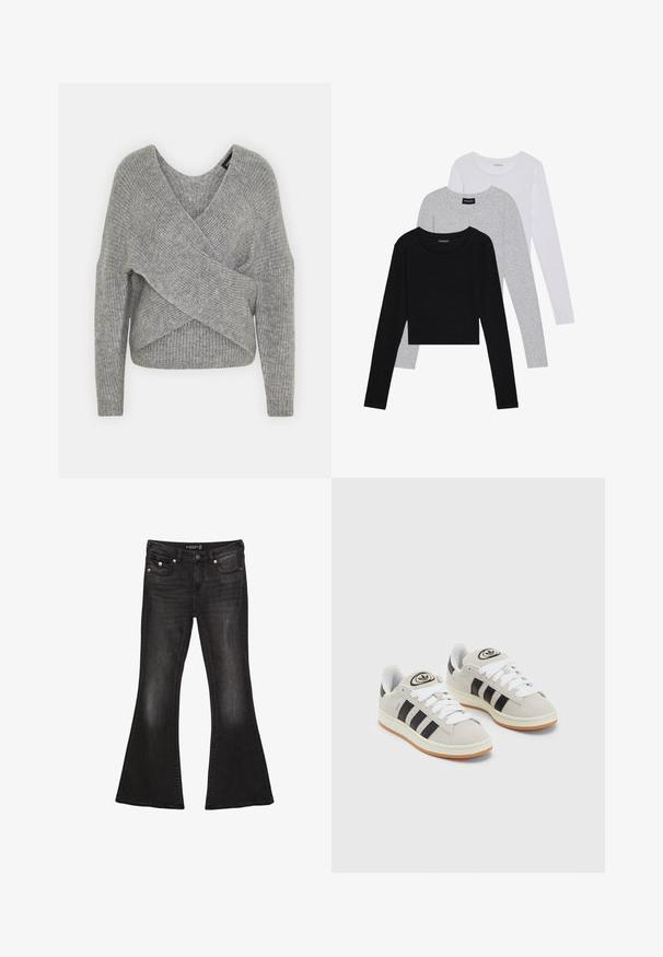 Grå indpakningssweater med dyb V-udskæring, lange ærmer og ribbet tekstur. Fremstillet i et blødt strikkemateriale med et lagdelt, asymmetrisk design.; Tre langærmede toppe stablet: sort, grå og hvid. Hver har en rund halsudskæring og et cropped design med glat, let stof.; Sorte denim flare jeans med mid-waist, der har fem lommer, kontrasterende syninger og hardware i sølvfarve.; Grå ruskinds sneakers med hvide snørebånd, sorte striber og en hvid gummisål. Har et rundt logo på tungen og en gummisål.