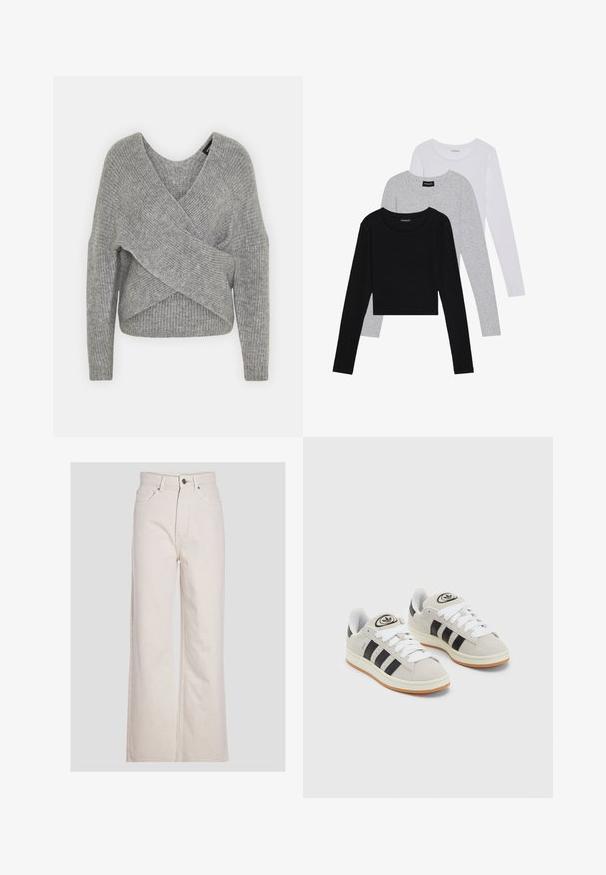 Grå omslagströja med djup V-ringning, långa ärmar och ribbad struktur. Tillverkad av ett mjukt stickat material med en lager-på-lager, asymmetrisk design.; Tre långärmade tröjor staplade: svart, grå och vit. Var och en har en rund halsringning och en kort design med mjukt, lätt material.; Beige vida leggings av bomull denim, med hög midja, knappstängning framtill och standard femfickorsdesign.; Grå mocka sneakers med vita snören, svarta ränder och en vit gummisula. Har en rund logo på tungan och en gummisula.