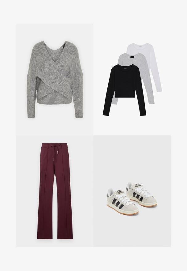 Grau umwickelter Pullover mit tiefem V-Ausschnitt, langen Ärmeln und gerippter Textur. Hergestellt aus einem weichen Strickmaterial mit einem geschichteten, asymmetrischen Design.; Drei langärmelige Oberteile gestapelt: schwarz, grau und weiß. Jedes hat einen runden Halsausschnitt und ein kurzes Design aus glattem, leichtem Stoff.; Burgunderfarbene weitgeschnittene Hose aus weichem Stoff mit einem Kordelzugbund und vorderen Falten. Flauschiger Saum und glatte Textur.; Graue Wildledersneaker mit weißen Schnürsenkeln, schwarzen Streifen und einer weißen Gummisohle. Merkmale sind ein kreisförmiges Logo auf der Zunge und eine Gummisohle.