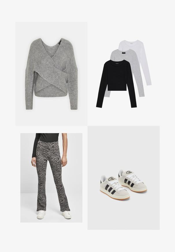 Pilkas aptraukiamas megztinis su giliu V formos iškirpimu, ilgomis rankovėmis ir riešutiniu tekstūru. Pagamintas iš minkštos megztos medžiagos su sluoksniuota, asimetrine konstrukcija.; Trijų ilgomis rankovėmis marškinėlių krūva: juodas, pilkas ir baltas. Kiekvienas turi apvalų iškirpimą ir trumpą dizainą, pagamintas iš lygaus, lengvo audinio.; Šviesiai pilkos spalvos išplatėjančios kelnės su juodu zebra raštu. Sukurtos aukštu liemeniu ir derinamos su baltomis sportbačiais.; Grynos zomšos sneakeriai su baltais raišteliais, juodomis juostelėmis ir balta gumine sole. Turintys apskritą logotipą ant liežuvėlio ir guminę sole.