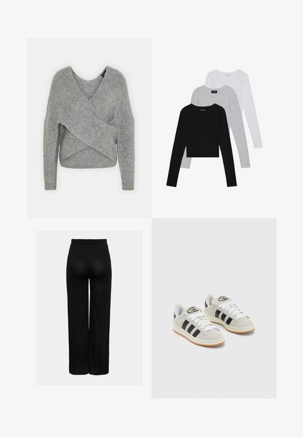 Suéter cinza envolvente com um decote em V profundo, mangas longas e textura canelada. Feito de um material de malha suave com um design assimétrico em camadas.; Três camisetas de manga longa empilhadas: preta, cinza e branca. Cada uma tem um decote redondo e um design cropped, feitas de um tecido leve e suave.; Calças largas e caneladas pretas com faixa elástica na cintura e uma superfície texturizada com linhas verticais subtis.; Tênis de camurça cinza com atacadores brancos, riscas pretas e uma sola de borracha branca. Apresenta um logótipo circular na língua e uma sola de borracha.
