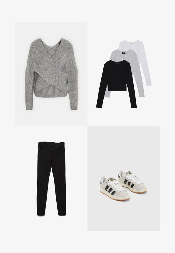 Szürke, mély V kivágású, hosszú ujjú kötött pulóver, bordás textúrával. Puha kötött anyagból készült, réteges, aszimmetrikus dizájnnal.; Három hosszú ujjú póló egymásra rakva: fekete, szürke és fehér. Mindegyiknek kerek nyaka van, és rövidített fazonnal rendelkezik, sima, könnyű anyagból készült.; Fekete skinny farmernadrág, klasszikus öt zsebes kialakítással, cipzáras sliccel és finom varrási részletekkel, farmer anyagból.; Szürke velúr sportcipők fehér fűzővel, fekete csíkokkal és fehér gumitalppal. A nyelvén kör alakú logó található, illetve a talpa színes gumi.