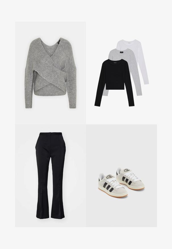 Gray wrap sweater with a deep V-neck, long sleeves, and ribbed texture. Made from a soft knit material with a layered, asymmetrical design.; Three long-sleeve tops stacked: black, grey, and white. Each has a round neckline and a cropped design with smooth, lightweight fabric.; Black tailored flare pants with a smooth texture, high waist, and front pleats. Features side pockets and a clean, polished design.; Gray suede sneakers with white laces, black stripes, and a white rubber sole. Features a circular logo on the tongue and a gum sole.