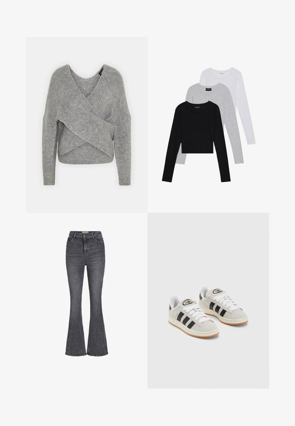 Sivý cardigan s hlbokým V- výstrihom, dlhými rukávmi a rebrovanou textúrou. Vyrobený z mäkkého pleteného materiálu s viacvrstvovým, asymetrickým dizajnom.; Tričko s dlhým rukávom v troch farbách: čiernej, sivej a bielej. Každé má okrúhly výstrih a skrátený strih vyrobený z hladkej, ľahkej tkaniny.; Vysoký pás s rozšírenými nohavicami v tmavo šedej denime, s klasickým dizajnom piatich vreciek, zapínaním na gombík a jemným vyblednutím.; Sivé semišové tenisky s bielymi šnúrkami, čiernymi pruhmi a bielou gumovou podrážkou. Obsahujú okrúhly logo na jazyku a gumenú podrážku.