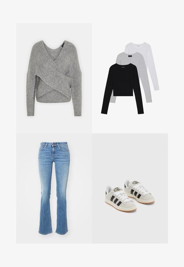 Hallide hallhargus, sügava V-kaelusega, pikkade varrukatega ja ribatrepiga. Valmistatud pehmest kudumismetallist, millel on kihiline, asümmeetriline disain.; Kolm pikkade varrukatega toppi, mis on üksteise peale asetatud: must, hall ja valge. Igal ühel on ümar kaelus ja lühike disain, valmistatud siledast, kergekaalulisest kangast.; Heledad sinised flared teksad, millel on pleekinud tekstuur, viie tasku ja vööloopidega, ning pronksist nööpide detailid vööl.; Hallid hallid nahkrennid valgete paeltega, mustade triipudega ja valge kummitaldiga. Omab ümmargust logo keeles ja kummitalda.