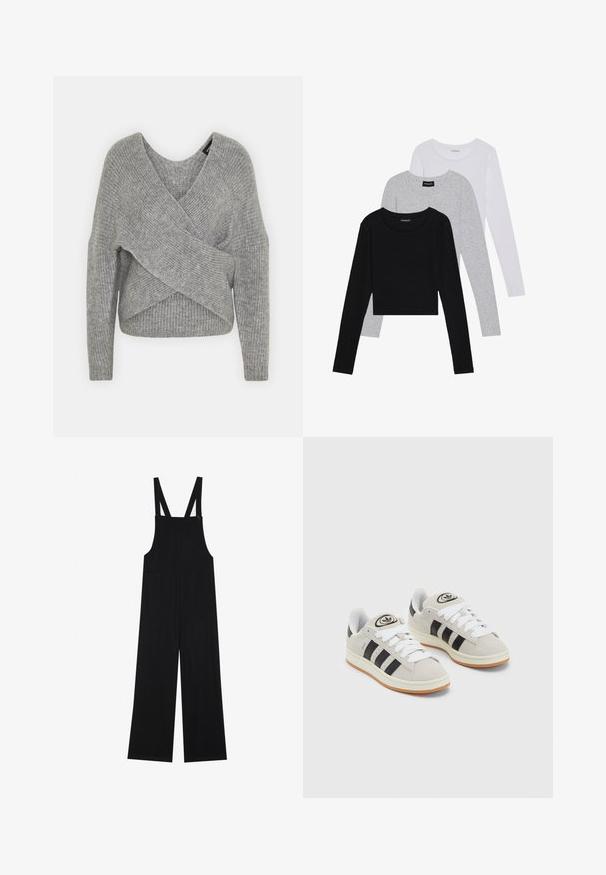 Szürke, mély V kivágású, hosszú ujjú kötött pulóver, bordás textúrával. Puha kötött anyagból készült, réteges, aszimmetrikus dizájnnal.; Három hosszú ujjú póló egymásra rakva: fekete, szürke és fehér. Mindegyiknek kerek nyaka van, és rövidített fazonnal rendelkezik, sima, könnyű anyagból készült.; Fekete, puha anyagból készült overál, széles lábakkal, két elülső zsebből és állítható vállpántokkal, gombos rögzítéssel.; Szürke velúr sportcipők fehér fűzővel, fekete csíkokkal és fehér gumitalppal. A nyelvén kör alakú logó található, illetve a talpa színes gumi.