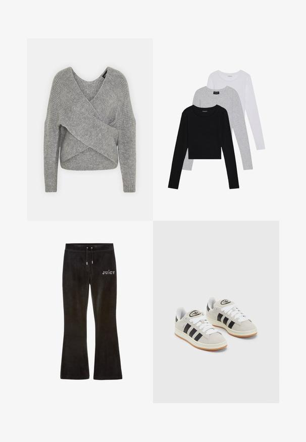 Siva omotana vestica s dubokim V-izrezom, dugim rukavima i rebrastom teksturom. Izrađena od mekog pletenog materijala s slojevitim, asimetričnim dizajnom.; Tri dugih rukava posložena: crna, siva i bijela. Svaka ima okrugli izrez i skrateni kroj s glatkom, laganom tkaninom.; Crne velur hlače s oblikovanom nogavicom. Imaju pojas na vezanje i reč "JUICY" od cirkona sprijeda. Mekana tekstura.; Sive suede tenisice s bijelim vezicama, crnim prugama i bijelim gumiranim potplatom. Imaju kružni logo na jeziku i gumeni potplat.