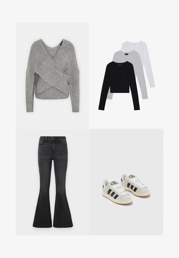 Pilkas aptraukiamas megztinis su giliu V formos iškirpimu, ilgomis rankovėmis ir riešutiniu tekstūru. Pagamintas iš minkštos megztos medžiagos su sluoksniuota, asimetrine konstrukcija.; Trijų ilgomis rankovėmis marškinėlių krūva: juodas, pilkas ir baltas. Kiekvienas turi apvalų iškirpimą ir trumpą dizainą, pagamintas iš lygaus, lengvo audinio.; Juodų plačių džinsų iš džinsinio audinio su vientisa spalva, standartiniu liemeniu, penkiomis kišenėmis ir subtiliais siuvinėjimo detalėmis priekyje.; Grynos zomšos sneakeriai su baltais raišteliais, juodomis juostelėmis ir balta gumine sole. Turintys apskritą logotipą ant liežuvėlio ir guminę sole.