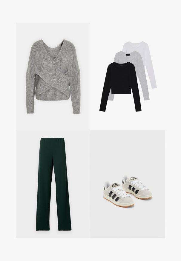 Pullover griș cu un decolteu adânc în V, mâneci lungi și textură cu ochiuri. Fabricat dintr-un material tricotat moale, cu un design stratificat și asimetric.; Trei bluze cu mânecă lungă așezate: neagră, gri și albă. Fiecare are un guler rotund și un design scurt, realizat dintr-un material fin și ușor.; Pantaloni de un verde închis, ușori, elastici, cu un brâu și picioare largi. Confecționați dintr-un material neted, fără motive sau accesorii vizibile.; Adidași din suede gri cu șireți albi, dungi negre și talpă din cauciuc alb. Prezintă un logo circular pe limbă și o talpă din cauciuc.