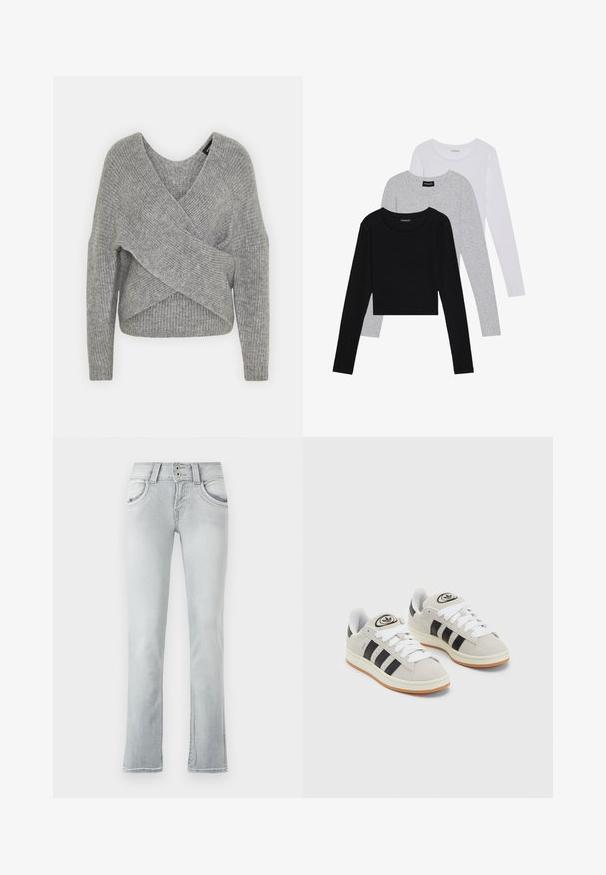 Siva ovitek pulover z globokim V-izrezom, dolgimi rokavi in ribasto teksturo. Narejen iz mehke pletene tkanine z plastnim, asimetričnim dizajnom.; Tri dolga rokava zložena: črna, siva in bela. Vsaka ima okroglo izreznico in skrajšan dizajn z gladkim, lahkotnim materialom.; Svetlo modri traper hlače z razširjenim krojem, ki imajo dva sprednja žepa, gumbasto zapiranje s dvema gumboma in subtilno zbledeli detajli.; Sive športne čevlje iz semiša z belimi vezalkami, črnimi črtami in belim gumijastim podplatom. Imajo okroglo oznako na ježku in podplat iz gume.