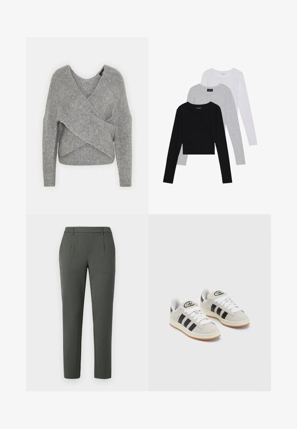 Grå indpakningssweater med dyb V-udskæring, lange ærmer og ribbet tekstur. Fremstillet i et blødt strikkemateriale med et lagdelt, asymmetrisk design.; Tre langærmede toppe stablet: sort, grå og hvid. Hver har en rund halsudskæring og et cropped design med glat, let stof.; Mørkegrønne bukser med skræddersyet pasform, der har to sidelommer, lynlås, og lægdetaljer for en struktureret design.; Grå ruskinds sneakers med hvide snørebånd, sorte striber og en hvid gummisål. Har et rundt logo på tungen og en gummisål.
