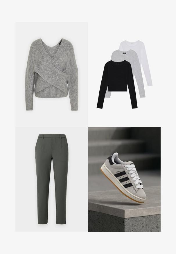 Pull en gris avec un col en V profond, des manches longues et une texture côtelée. Fabriqué en matériau tricoté doux avec un design asymétrique superposé.; Trois hauts à manches longues empilés : noir, gris et blanc. Chacun a un col rond et un design court avec un tissu lisse et léger.; Pantalon vert foncé avec une coupe ajustée, doté de deux poches latérales, d'une braguette zippée et de détails de pli pour un design structuré.; Baskets Adidas Campus grises avec des rayures noires et des lacets blancs flottant au-dessus d'un rebord en béton avec des escaliers en arrière-plan.