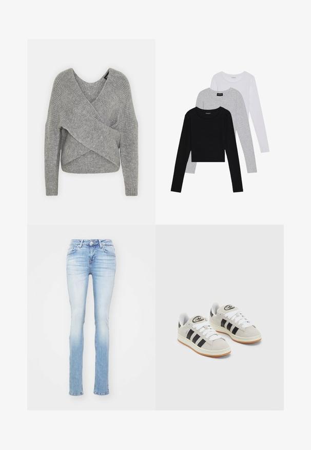 Siva ovitek pulover z globokim V-izrezom, dolgimi rokavi in ribasto teksturo. Narejen iz mehke pletene tkanine z plastnim, asimetričnim dizajnom.; Tri dolga rokava zložena: črna, siva in bela. Vsaka ima okroglo izreznico in skrajšan dizajn z gladkim, lahkotnim materialom.; Svetlo modri oprijeti džinsi iz denima, z srednje visokim pasom, petimi žepi in diskretnim zbledelostjo na stegnih in kolenih.; Sive športne čevlje iz semiša z belimi vezalkami, črnimi črtami in belim gumijastim podplatom. Imajo okroglo oznako na ježku in podplat iz gume.