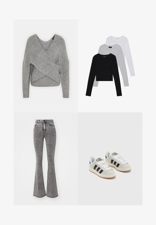 Siva omotana vestica s dubokim V-izrezom, dugim rukavima i rebrastom teksturom. Izrađena od mekog pletenog materijala s slojevitim, asimetričnim dizajnom.; Tri dugih rukava posložena: crna, siva i bijela. Svaka ima okrugli izrez i skrateni kroj s glatkom, laganom tkaninom.; Hlače s visokim strukom, ležerno raširene dolje, izrađene od izblijedjelog sivog denim materijala s oštećenjima, s gumbom za zatvaranje i dizajnom s pet džepova.; Sive suede tenisice s bijelim vezicama, crnim prugama i bijelim gumiranim potplatom. Imaju kružni logo na jeziku i gumeni potplat.