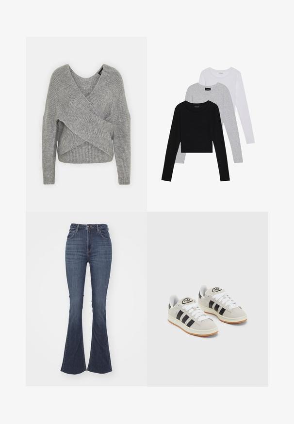 Suéter gris envolvente con un profundo escote en V, mangas largas y textura acanalada. Fabricado con un material de punto suave y un diseño asimétrico en capas.; Tres camisetas de manga larga apiladas: negra, gris y blanca. Cada una tiene un escote redondo y un diseño recortado con una tela suave y ligera.; Vaqueros acampanados de talle alto en azul oscuro, fabricados en denim, con cierre frontal de botón, cinco bolsillos y un acabado suave y texturizado.; Zapatillas de ante gris con cordones blancos, rayas negras y suela de goma blanca. Presentan un logo circular en la lengüeta y una suela de goma.