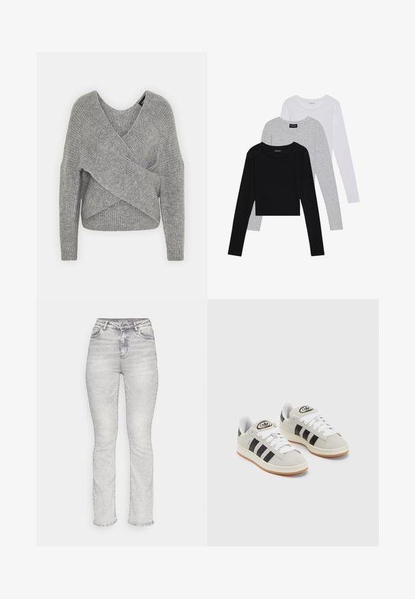 Grå omslagströja med djup V-ringning, långa ärmar och ribbad struktur. Tillverkad av ett mjukt stickat material med en lager-på-lager, asymmetrisk design.; Tre långärmade tröjor staplade: svart, grå och vit. Var och en har en rund halsringning och en kort design med mjukt, lätt material.; Ljusgrå denimjeans med hög midja, rakt ben, fem fickor och subtila blekningsdetaljer genom tyget.; Grå mocka sneakers med vita snören, svarta ränder och en vit gummisula. Har en rund logo på tungan och en gummisula.