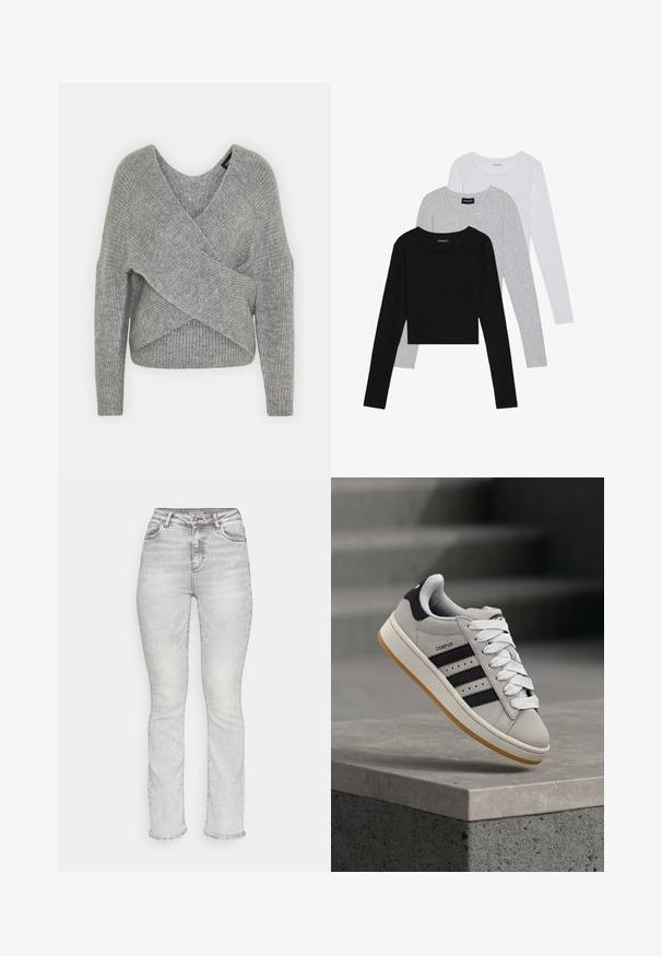 Grå indpakningssweater med dyb V-udskæring, lange ærmer og ribbet tekstur. Fremstillet i et blødt strikkemateriale med et lagdelt, asymmetrisk design.; Tre langærmede toppe stablet: sort, grå og hvid. Hver har en rund halsudskæring og et cropped design med glat, let stof.; Lysegrå denimbukser med høj talje, lige ben-design, fem lommers styling og subtile falmede detaljer i hele stoffet.; Grå Adidas Campus-sneaker med sorte striber og hvide snørebånd, der svæver over en betonkant med trapper i baggrunden.