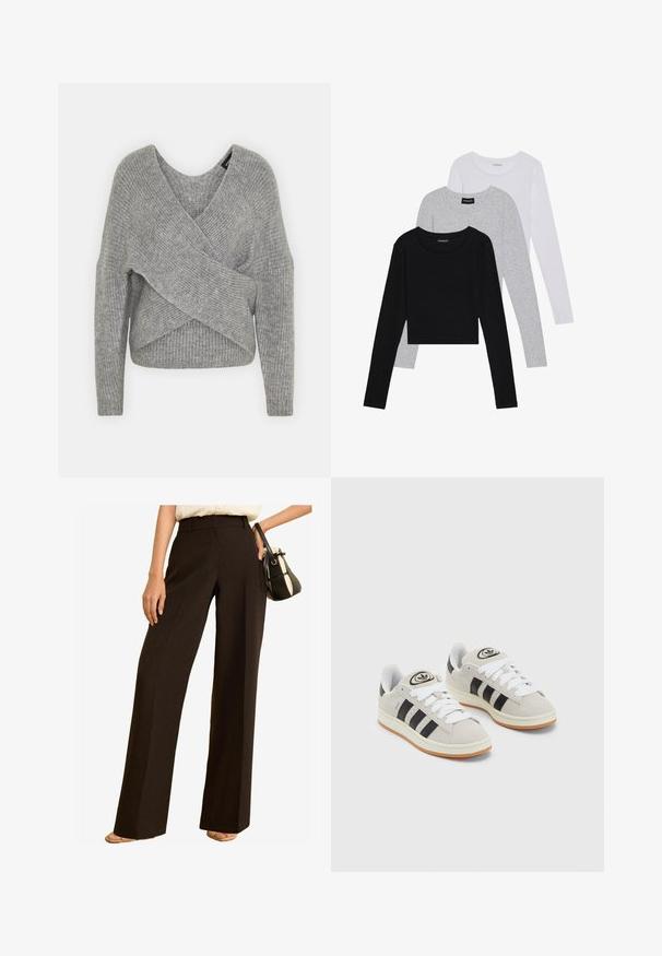 Sivý cardigan s hlbokým V- výstrihom, dlhými rukávmi a rebrovanou textúrou. Vyrobený z mäkkého pleteného materiálu s viacvrstvovým, asymetrickým dizajnom.; Tričko s dlhým rukávom v troch farbách: čiernej, sivej a bielej. Každé má okrúhly výstrih a skrátený strih vyrobený z hladkej, ľahkej tkaniny.; Široké nohavice v tmavohnedej látke, s vysokým pásom, strihom prispôsobeným postave a hladkým povrchom. Doplnkové malé kabelky.; Sivé semišové tenisky s bielymi šnúrkami, čiernymi pruhmi a bielou gumovou podrážkou. Obsahujú okrúhly logo na jazyku a gumenú podrážku.