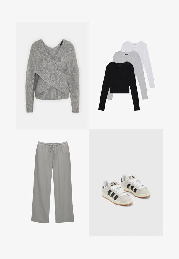 Grau umwickelter Pullover mit tiefem V-Ausschnitt, langen Ärmeln und gerippter Textur. Hergestellt aus einem weichen Strickmaterial mit einem geschichteten, asymmetrischen Design.; Drei langärmelige Oberteile gestapelt: schwarz, grau und weiß. Jedes hat einen runden Halsausschnitt und ein kurzes Design aus glattem, leichtem Stoff.; Helle graue weite Hose aus weichem Stoff, mit einem elastischen Bund und Kordelzug sowie seitlichen Taschen.; Graue Wildledersneaker mit weißen Schnürsenkeln, schwarzen Streifen und einer weißen Gummisohle. Merkmale sind ein kreisförmiges Logo auf der Zunge und eine Gummisohle.
