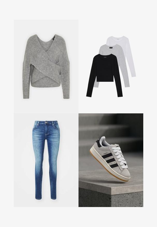 Pelēka apvalka džemperis ar dziļu V veida kakla izgriezumu, garām piedurknēm un ribu tekstūru. Izgatavots no mīksta adījuma materiāla ar slāņotu, asimetrisku dizainu.; Trīs garām piedurknēm veidotas augšdaļas, sakrautās: melna, pelēka un balta. Katram ir noapaļots kakla izgriezums un īsa dizaina forma ar gludu, vieglu audumu.; Tievās džinsās izgatavotas no džinsu auduma, ar gaismas un tumšas zilas gradientu, klasisku piecu kabatu dizainu un rāvējslēdzēju ar pogu aizdari.; Pelēks Adidas Campus sporta apavu modelis ar melnām svītrām un baltām šņorēm, kas plivinās virs betona apmales ar kāpnēm fonā.