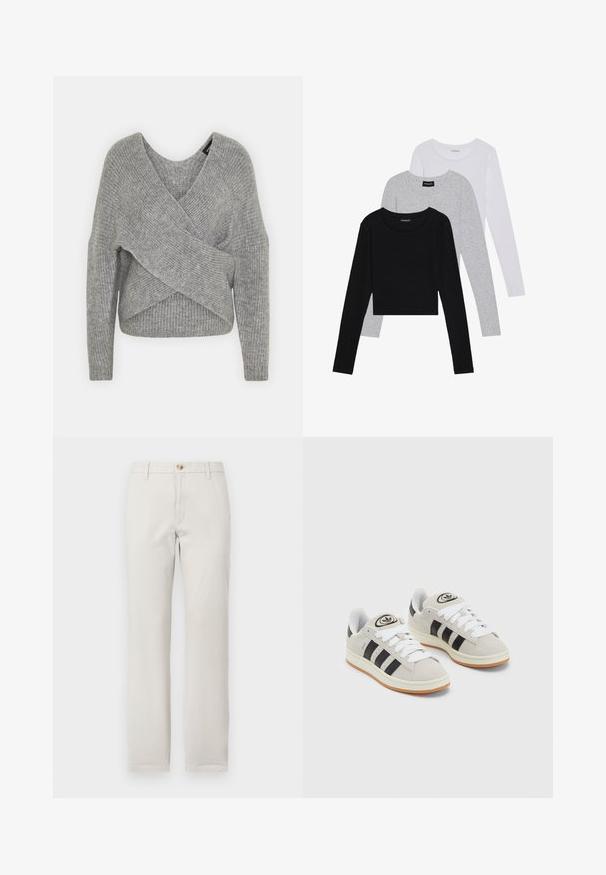 Pullover griș cu un decolteu adânc în V, mâneci lungi și textură cu ochiuri. Fabricat dintr-un material tricotat moale, cu un design stratificat și asimetric.; Trei bluze cu mânecă lungă așezate: neagră, gri și albă. Fiecare are un guler rotund și un design scurt, realizat dintr-un material fin și ușor.; Pantaloni bej cu picioare drepte, cu bucle pentru curea, închidere frontală cu nasture și fermoar, pe un fundal alb simplu.; Adidași din suede gri cu șireți albi, dungi negre și talpă din cauciuc alb. Prezintă un logo circular pe limbă și o talpă din cauciuc.