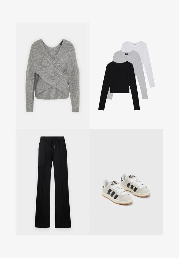Grau umwickelter Pullover mit tiefem V-Ausschnitt, langen Ärmeln und gerippter Textur. Hergestellt aus einem weichen Strickmaterial mit einem geschichteten, asymmetrischen Design.; Drei langärmelige Oberteile gestapelt: schwarz, grau und weiß. Jedes hat einen runden Halsausschnitt und ein kurzes Design aus glattem, leichtem Stoff.; Schwarze maßgeschneiderte Hose mit einem Zugbandsaum. Hat eine gerade Passform, zwei Frontnähte und einen glatten Stoff mit leichtem Glanz.; Graue Wildledersneaker mit weißen Schnürsenkeln, schwarzen Streifen und einer weißen Gummisohle. Merkmale sind ein kreisförmiges Logo auf der Zunge und eine Gummisohle.