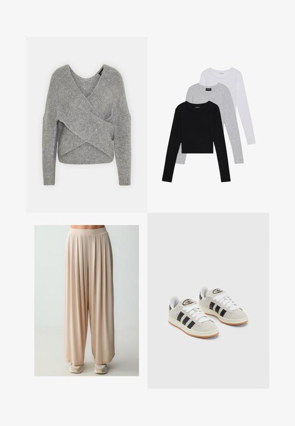 Grau umwickelter Pullover mit tiefem V-Ausschnitt, langen Ärmeln und gerippter Textur. Hergestellt aus einem weichen Strickmaterial mit einem geschichteten, asymmetrischen Design.; Drei langärmelige Oberteile gestapelt: schwarz, grau und weiß. Jedes hat einen runden Halsausschnitt und ein kurzes Design aus glattem, leichtem Stoff.; Beige weite Hosen mit einer weichen, fließenden Textur und einem bequemen elastischen Bund, die eine lockere Passform und subtile Drapierung aufweisen.; Graue Wildledersneaker mit weißen Schnürsenkeln, schwarzen Streifen und einer weißen Gummisohle. Merkmale sind ein kreisförmiges Logo auf der Zunge und eine Gummisohle.