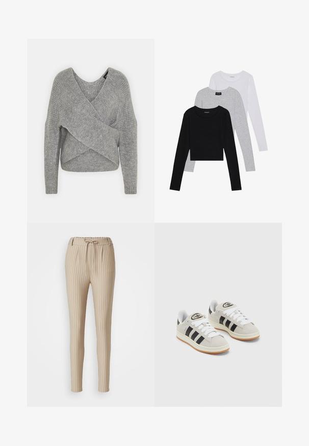 Grå indpakningssweater med dyb V-udskæring, lange ærmer og ribbet tekstur. Fremstillet i et blødt strikkemateriale med et lagdelt, asymmetrisk design.; Tre langærmede toppe stablet: sort, grå og hvid. Hver har en rund halsudskæring og et cropped design med glat, let stof.; Beige stribede bukser med snoretræk i taljen, tapered ben design, plisseret front og glat tekstur. Vertikale hvide striber er præsenteret.; Grå ruskinds sneakers med hvide snørebånd, sorte striber og en hvid gummisål. Har et rundt logo på tungen og en gummisål.