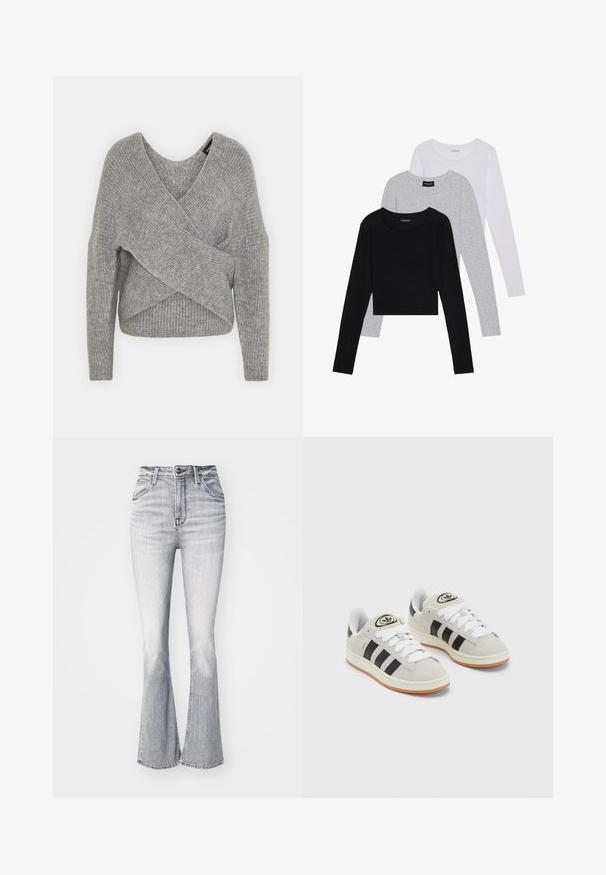 Pilkas aptraukiamas megztinis su giliu V formos iškirpimu, ilgomis rankovėmis ir riešutiniu tekstūru. Pagamintas iš minkštos megztos medžiagos su sluoksniuota, asimetrine konstrukcija.; Trijų ilgomis rankovėmis marškinėlių krūva: juodas, pilkas ir baltas. Kiekvienas turi apvalų iškirpimą ir trumpą dizainą, pagamintas iš lygaus, lengvo audinio.; Lee BREESE - Kelnės - heavy ice; Grynos zomšos sneakeriai su baltais raišteliais, juodomis juostelėmis ir balta gumine sole. Turintys apskritą logotipą ant liežuvėlio ir guminę sole.