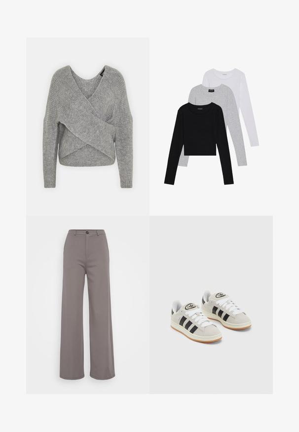 Sivý cardigan s hlbokým V- výstrihom, dlhými rukávmi a rebrovanou textúrou. Vyrobený z mäkkého pleteného materiálu s viacvrstvovým, asymetrickým dizajnom.; Tričko s dlhým rukávom v troch farbách: čiernej, sivej a bielej. Každé má okrúhly výstrih a skrátený strih vyrobený z hladkej, ľahkej tkaniny.; Voľné nohavice z jemného šedého materiálu. Obsahujú zapínanie na gombík a čisté švy. Hladká textúra bez viditeľných vzorov alebo ozdôb.; Sivé semišové tenisky s bielymi šnúrkami, čiernymi pruhmi a bielou gumovou podrážkou. Obsahujú okrúhly logo na jazyku a gumenú podrážku.