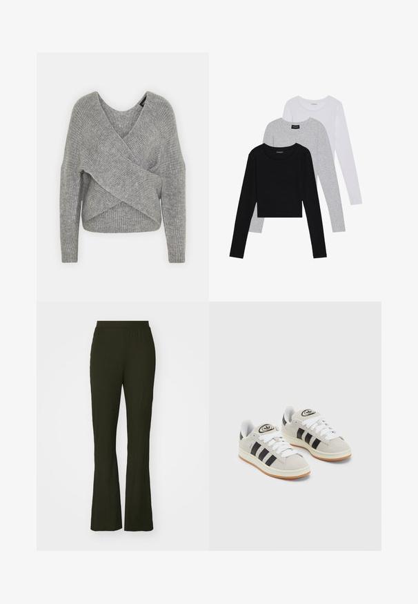Pullover griș cu un decolteu adânc în V, mâneci lungi și textură cu ochiuri. Fabricat dintr-un material tricotat moale, cu un design stratificat și asimetric.; Trei bluze cu mânecă lungă așezate: neagră, gri și albă. Fiecare are un guler rotund și un design scurt, realizat dintr-un material fin și ușor.; Pantaloni evazați, de culoare verde închis, cu un tiv elastic. Construiți dintr-un material texturat, au o croială lejeră și un design lung.; Adidași din suede gri cu șireți albi, dungi negre și talpă din cauciuc alb. Prezintă un logo circular pe limbă și o talpă din cauciuc.