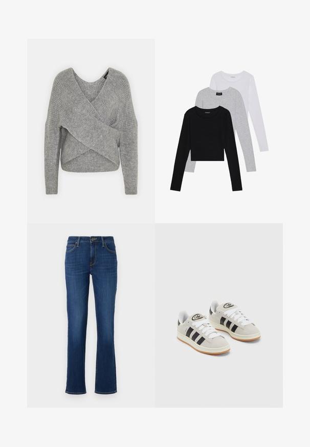 Szary sweter o luźnym kroju z głębokim dekoltem w kształcie litery V, długimi rękawami i prążkowaną teksturą. Wykonany z miękkiego materiału dzianinowego z warstwowym, asymetrycznym wzorem.; Trzy bluzki z długim rękawem ułożone jedna na drugiej: czarna, szara i biała. Każda z okrągłym dekoltem i skróconym fasonem, wykonana z gładkiego, lekkiego materiału.; Niebieskie dżinsy o prostym kroju, z pięcioma kieszeniami, zapinane na zamek błyskawiczny, z kontrastującymi żółtymi szwami wzdłuż krawędzi.; Szare zamszowe trampki z białymi sznurówkami, czarnymi paskami i białą gumową podeszwą. Posiadają okrągłe logo na języku oraz gumową podeszwę.