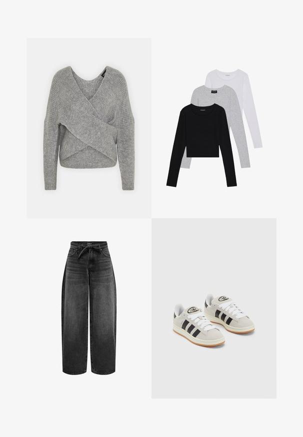 Szürke, mély V kivágású, hosszú ujjú kötött pulóver, bordás textúrával. Puha kötött anyagból készült, réteges, aszimmetrikus dizájnnal.; Három hosszú ujjú póló egymásra rakva: fekete, szürke és fehér. Mindegyiknek kerek nyaka van, és rövidített fazonnal rendelkezik, sima, könnyű anyagból készült.; ONLY MIT WEITEM BEIN ONLGIANNA MITTLERE TAILLE BALLON SCHNITT - Egyenes szárú farmer - washed black; Szürke velúr sportcipők fehér fűzővel, fekete csíkokkal és fehér gumitalppal. A nyelvén kör alakú logó található, illetve a talpa színes gumi.