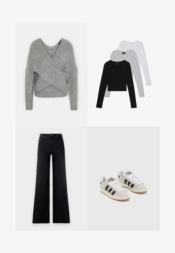 Grå omslagströja med djup V-ringning, långa ärmar och ribbad struktur. Tillverkad av ett mjukt stickat material med en lager-på-lager, asymmetrisk design.; Tre långärmade tröjor staplade: svart, grå och vit. Var och en har en rund halsringning och en kort design med mjukt, lätt material.; Höga svarta vida jeans med fickor fram, bälteshällor och knäppning med knapp.; Grå mocka sneakers med vita snören, svarta ränder och en vit gummisula. Har en rund logo på tungan och en gummisula.